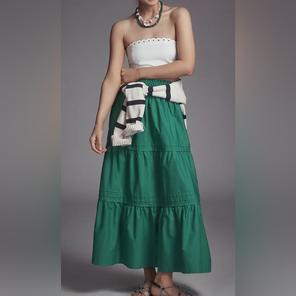 Anthropologie The Somerset Maxi Skirt Tiered Emerald Green Size Large